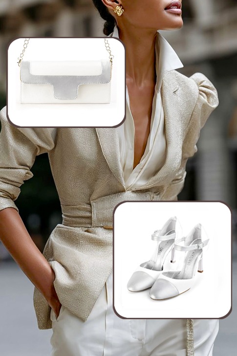Women's silver and pure white elegant closed-back heels, with an instep strap. Round toe. High slim heel - Worn view